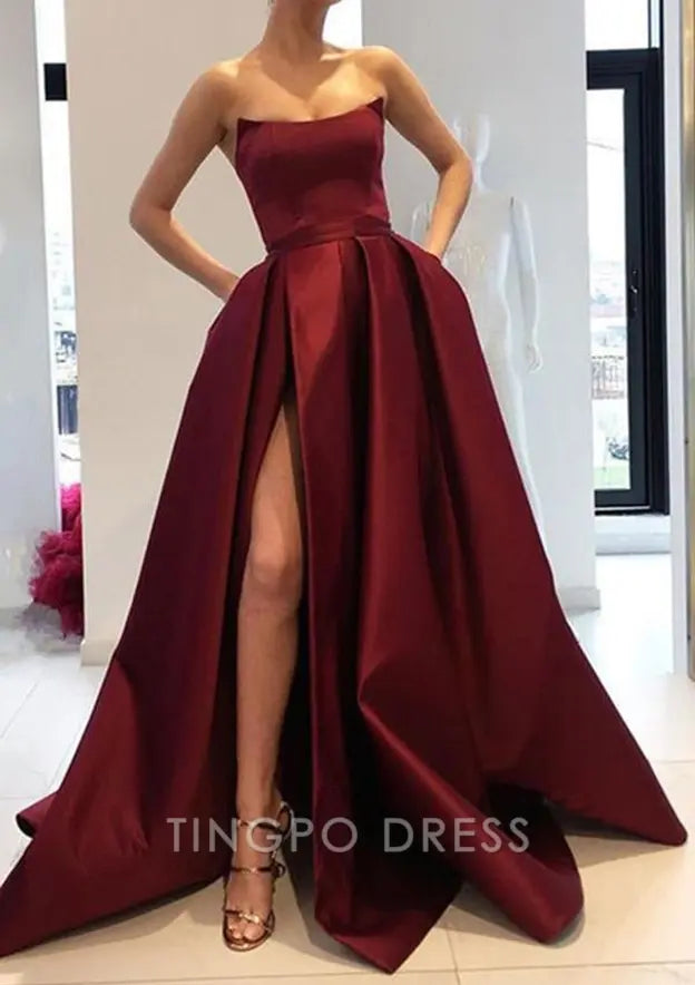 TingPo Wholesale Elegant A-line Square Neckline Long/Floor-Length Satin Prom Dress With Pockets Split